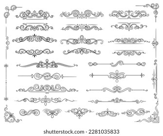 Calligraphic frames set. Collection of graphic elements for website or book. Abstract antique patterns and ornaments. Motifs and scrolls. Cartoon flat vector illustrations isolated on white background