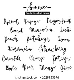 Calligraphic fruit names, bounce lettering hand written words peach, apple, mango, orange, papaya, apricot, lichi, lemon, others, for menu, product packaging, juice, drink, smoothie, fruit salad menu