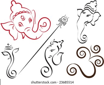 Calligraphic Ganesha, Aum, Trident