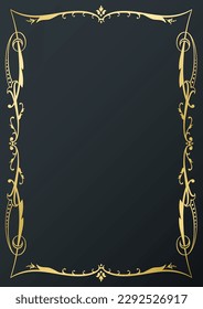 Calligraphic golden frame and page decoration on black background. Vector illustration. Vector of decorative vertical element, border and frame.