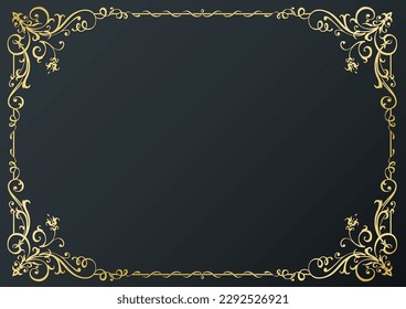 Calligraphic golden frame and page decoration on black background. Vector illustration. Vector of decorative horizontal element, border and frame.