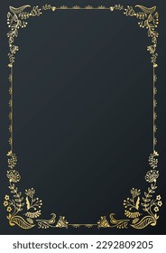 Calligraphic golden frame and page decoration on black background. Vector illustration. Vector of decorative vertical element, border and frame.