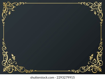 Calligraphic golden frame and page decoration on black background. Vector illustration. Vector of decorative horizontal element, border and frame.