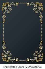 Calligraphic golden frame and page decoration on black background. Vector illustration. Vector of decorative vertical element, border and frame.