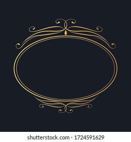 Calligraphic golden oval frame. Hand drawn antique vintage corner border.  Vector isolated classic wedding invitation card gold decor template.