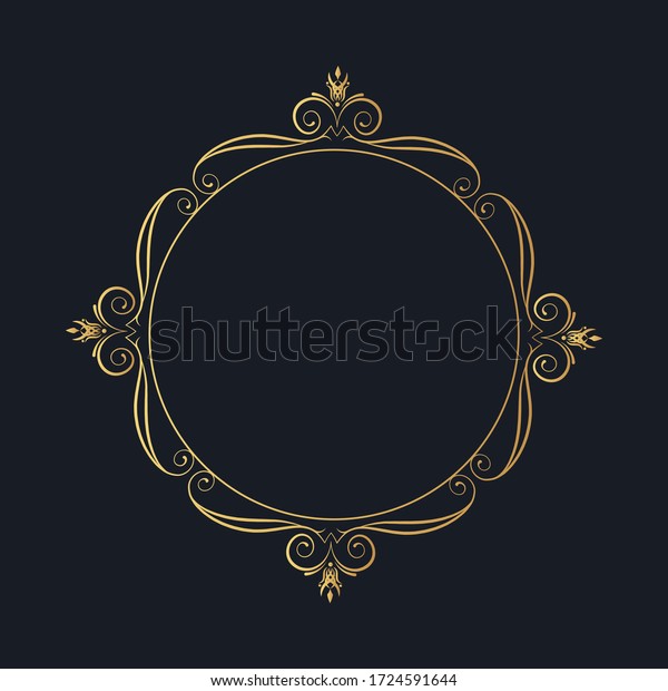 Calligraphic golden round frame. Hand drawn\
vintage ornate border.  Vector isolated gold classic wedding\
invitation card\
decor.