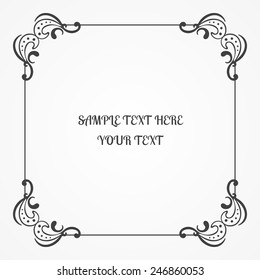 Calligraphic grey frame with decorative corners for page decoration. Vector illustration. 