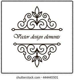 Calligraphic grey frame with decorative elements for page decoration. Vector illustration.
