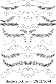 Calligraphic hand drawing decorative elements. Vintage curls, spirals and floral elements for labels, wallets, wedding invitations frames.