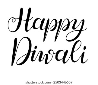 Calligraphic hand drawn text Happy Diwali. Greeting card template for Diwali holiday banner, postcard, greeting card. Black vector lettering isolated on white background