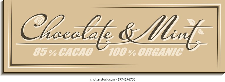 Kalligrafische handgeschriebene Texte Schokolade & Mint mit Kakaobohnen und Spearmint-Blattsymbol. Konzept der Markenaufschrift