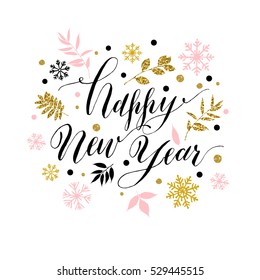 Calligraphic Happy New Year  With Snowflakes. Hand Drawn Style Post Card.