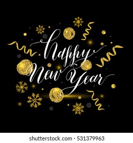 Calligraphic happy new year with snowflakes. Hand drawn style post card.