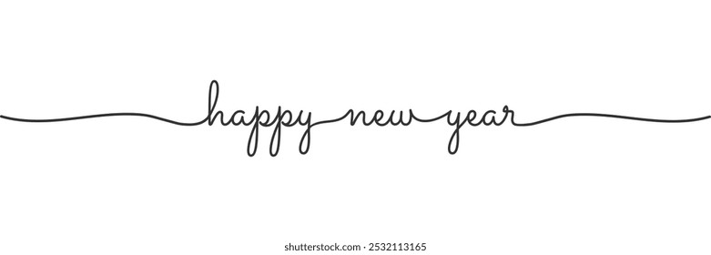 Calligraphic happy new year text in ballpoint pen style isolated on white background. Rounded happy new year sign in script text with small caps text . Vector Illustration.