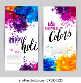 Calligraphic header and banner set happy holi beautiful Indian festival colorful collection design. Vector illustration.