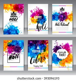 Calligraphic header and banner set happy holi beautiful Indian festival colorful collection design. Vector illustration.