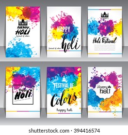 Calligraphic header and banner set happy holi beautiful Indian festival colorful collection design. Vector illustration.