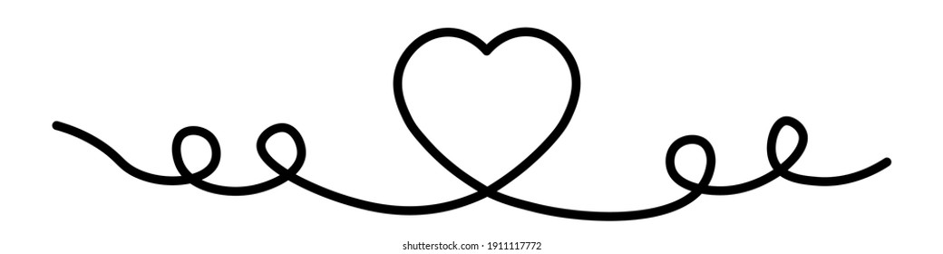 Calligraphic Heart. Hand-drawn single thin line ornament. Simple flat vector illustration.