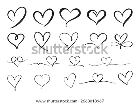 Calligraphic heart line art vector doodle set, hand draw swirly flourishes love symbol set, frame and divider element collection