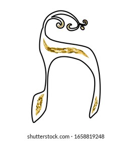 Calligraphic Hebrew alphabet with crowns. Decorative font golden. Letters hand draw gold. Vector illustration on isolated background