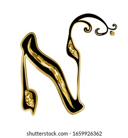 Calligraphic Hebrew alphabet with crowns. Decorative font golden. Letters hand draw gold. Vector illustration on isolated background