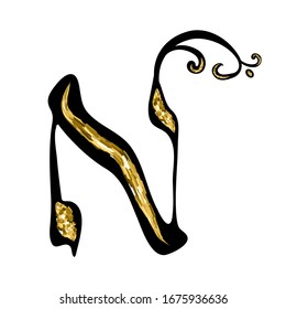 Calligraphic Hebrew alphabet with crowns. Decorative font golden. Letters hand draw gold. Vector illustration on isolated background