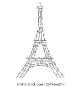 Calligraphic illustration with stylish Eiffel Tower. The shape is filled with repeated handwritten English words and some French popular words, translation: Welcome, Hello, Sorry, Love, Thanks.