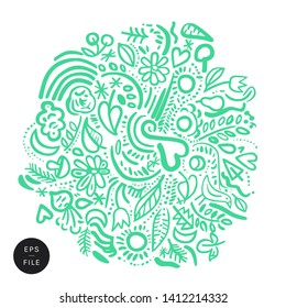 Calligraphic ink, round illustration of planet Earth made of small nature, ecology related symbols to celebrate, support ecosystem, World Environment Day and cause: flowers, leaves, bird, heart shape