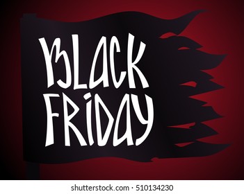 Calligraphic inscription - Black Friday. Black flag on red background, chalk white letters. Isolated vector stamp logo. template 4 design banners 4 sales in stores