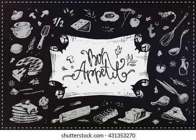 calligraphic inscription - bon appetit on the old paper frame. sketch illustration of culinary items. isolated vector. chalk on a blackboard. menu design