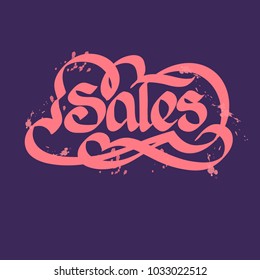 Calligraphic inscription design concept with stylized handwritten Sales word on purple background isolated vector illustration