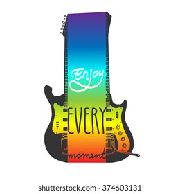 Calligraphic inscription "Enjoy every moment" with guitar. Music stamp / logo / badge / poster. Vector design element