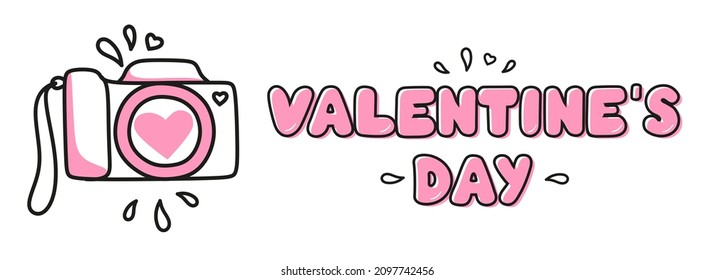 Calligraphic inscription Happy Valentines Day with a camera, highlighted on a white background. Use on Valentines Day on textiles, wrapping paper, backgrounds, souvenirs. Vector