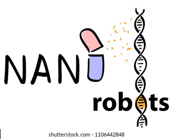 Calligraphic inscription of NANO robots. Colored Vector illustration.