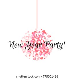 Calligraphic inscription New Year with a golden glitter ball in the center. Manual inscription. New Year's poster. Vector illustration of happy new year 2018 gold and colors christmas ball