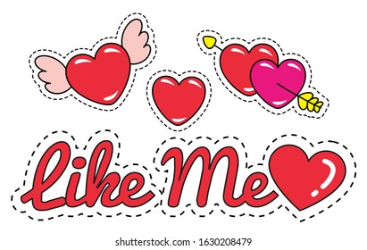 Calligraphic inscription and set of hearts with wings, pierced with arrows. Lettering stickers set for social media communication or holiday decor. Like me collection of patches in flat style, vector