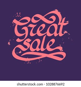 Calligraphic inscription template with stylized handwritten Great sale quote on purple background isolated vector illustration