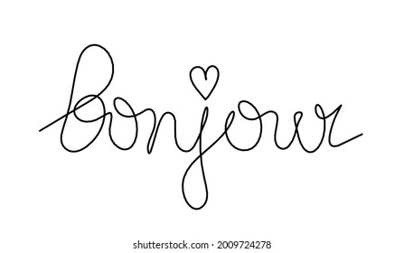 Calligraphic inscription of word "bonjour" as continuous line drawing on white  background. Vector