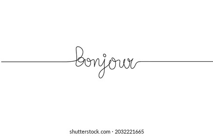 Calligraphic inscription of word "bonjour" as continuous line drawing on white  background. Vector