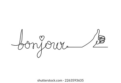 Calligraphic inscription of word "bonjour", "hello" with hand as continuous line drawing on white  background. Vector