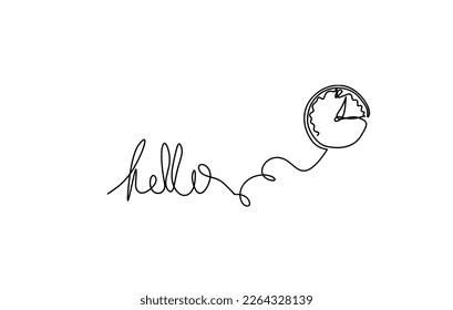 Calligraphic inscription of word "bonjour", "hello" with clock as continuous line drawing on white  background. Vector