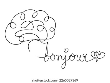 Calligraphic inscription of word "bonjour", "hello" with brain as continuous line drawing on white  background. Vector