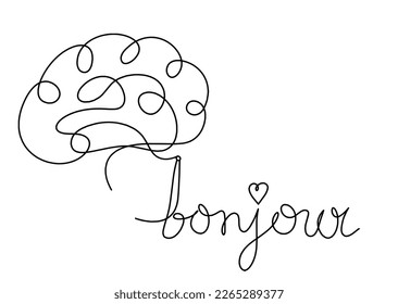 Calligraphic inscription of word "bonjour", "hello" with brain as continuous line drawing on white  background. Vector