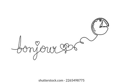 Calligraphic inscription of word "bonjour", "hello" with clock as continuous line drawing on white  background. Vector