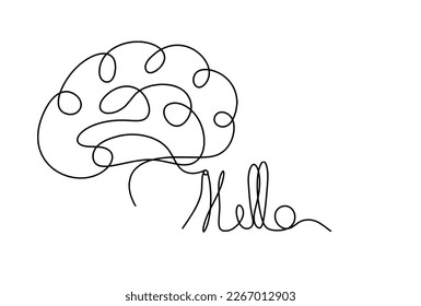 Calligraphic inscription of word "bonjour", "hello" with brain as continuous line drawing on white  background. Vector