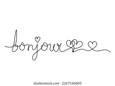 Calligraphic inscription of word "bonjour", "hello" with heart as continuous line drawing on white  background. Vector