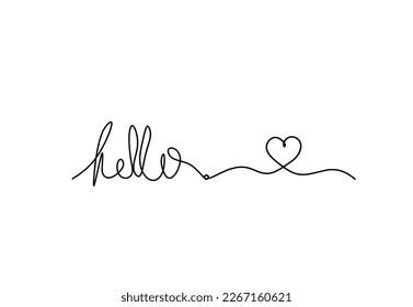 Calligraphic inscription of word "bonjour", "hello" with heart as continuous line drawing on white  background. Vector