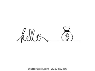 Calligraphic inscription of word "bonjour", "hello" with dollar as continuous line drawing on white  background. Vector