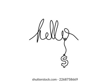 Calligraphic inscription of word "bonjour", "hello" with dollar as continuous line drawing on white  background. Vector