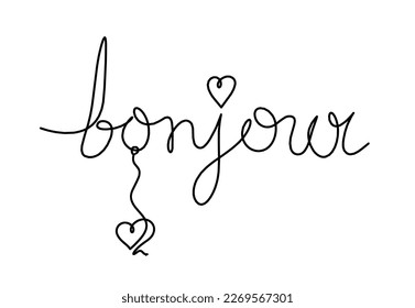 Calligraphic inscription of word "bonjour", "hello" with heart as continuous line drawing on white  background. Vector